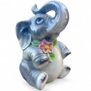 Vintage Gray Elephant Coin Bank Pink Flower Kitsch Ceramaster Japan 1960s 1970s